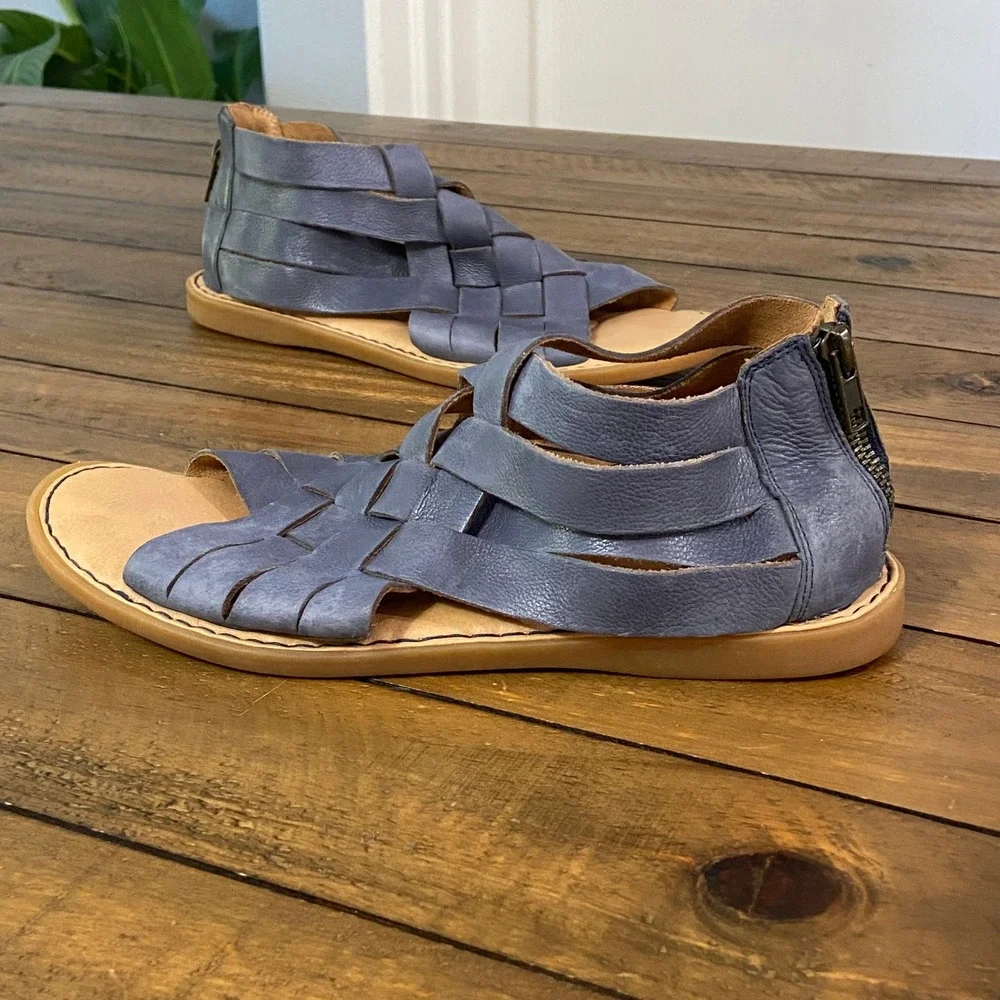 Born Womens Blue Leather Woven Gladiator Flat Sandals Back Zip BR0032934 Size 8M